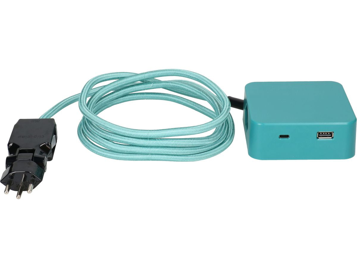 maxTEX Cube Steckdosenleiste – 3× T13, USB‑A/C, 2 m, ohne Schalter, IP20, schwarz/türkis