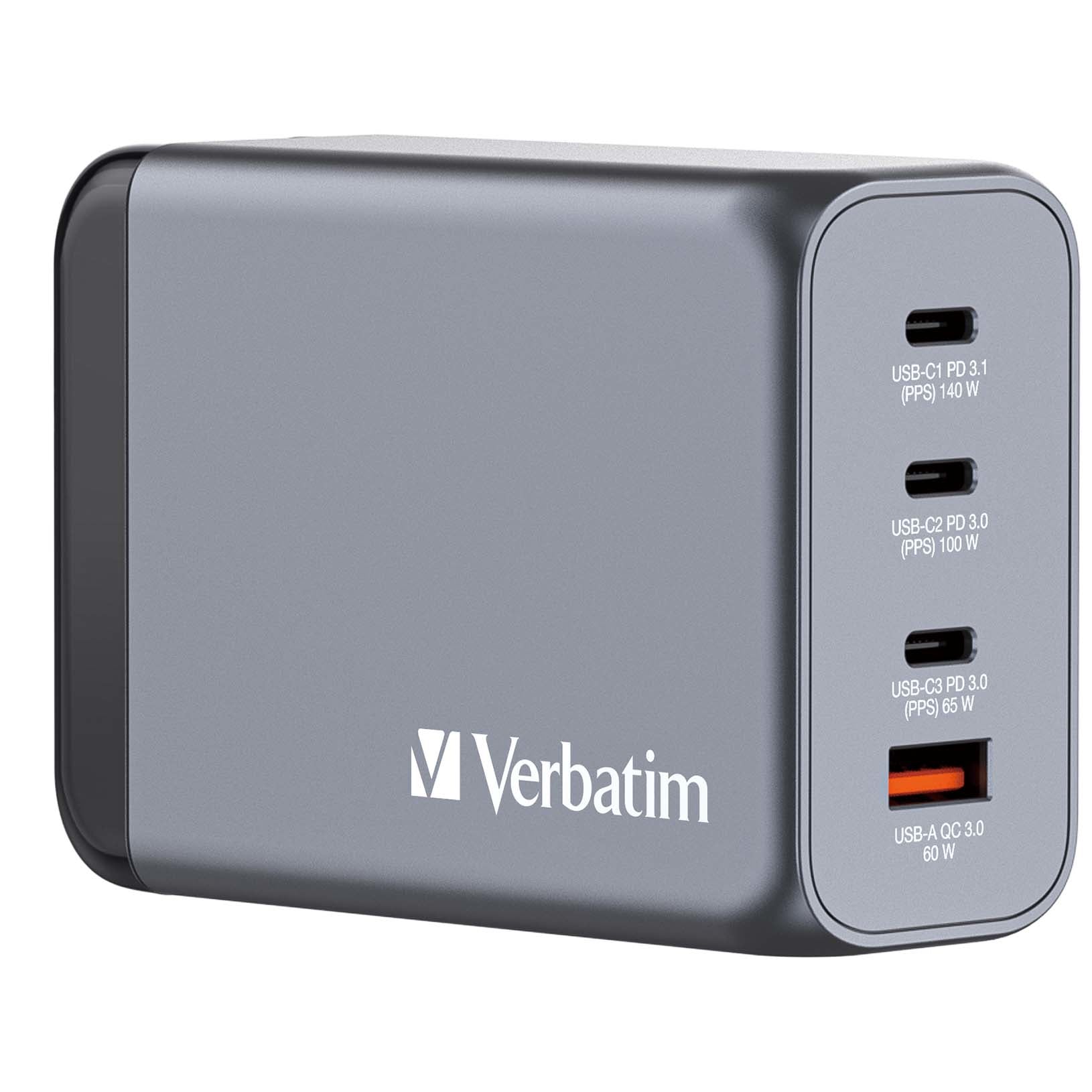 Verbatim GNC-240 Netzteil (EU/UK/US) – 240 W, 1× USB-C + 1× USB-A, QC 3.0, GaN