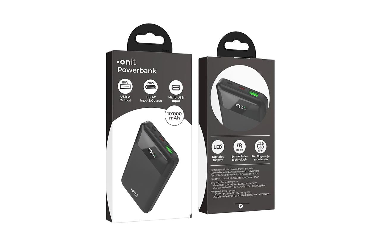 ONIT Powerbank 10'000 mAh – 20 W PD, 1× USB-C, 1× USB-A, schwarz