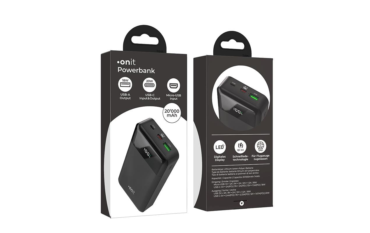 ONIT Powerbank 20'000 mAh – 20 W PD, 1× USB-C, 1× USB-A, schwarz