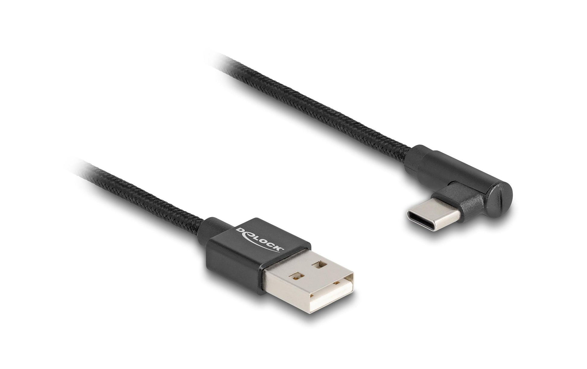 DeLOCK USB-A auf USB-C Kabel – USB 2.0 (480 Mbit/s) – 3 m – Abgewinkelt, Textilmantel – Schwarz