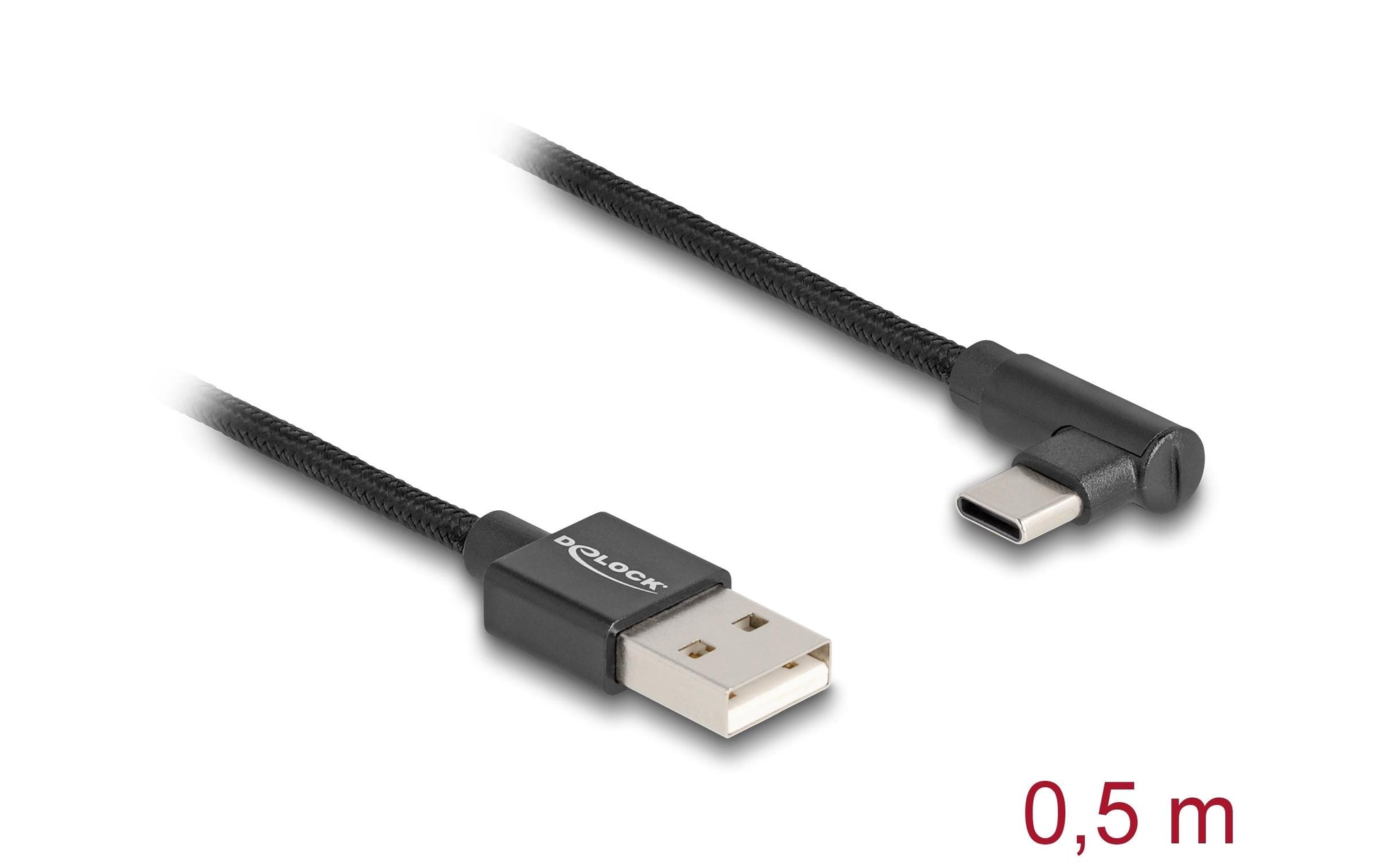 DeLOCK USB-A auf USB-C Kabel – USB 2.0 (480 Mbit/s) – 0,5 m – Textilmantel, Abgewinkelt – Schwarz