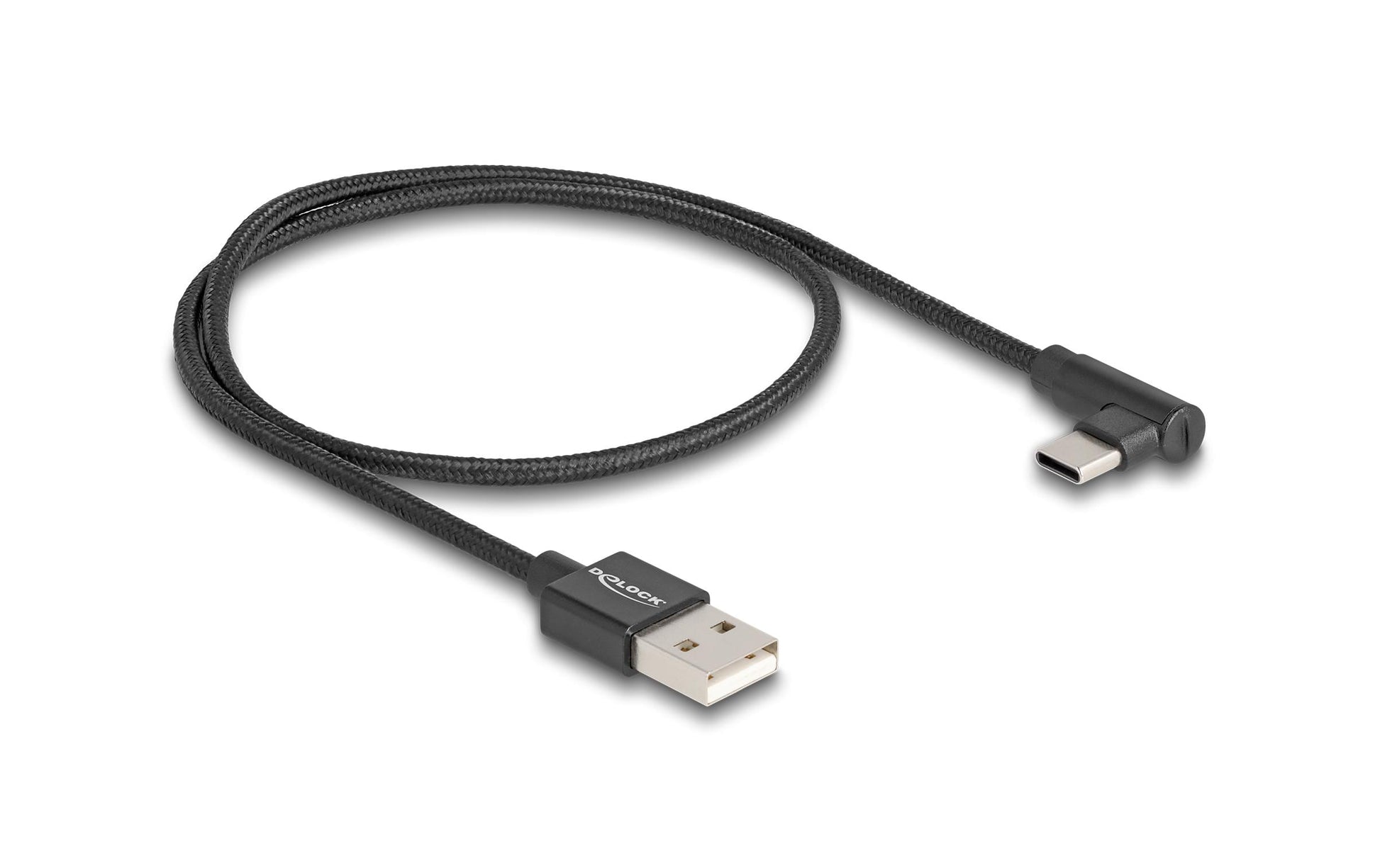 DeLOCK USB-A auf USB-C Kabel – USB 2.0 (480 Mbit/s) – 0,5 m – Textilmantel, Abgewinkelt – Schwarz