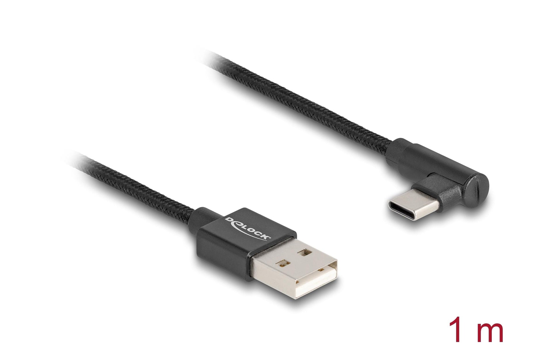 DeLOCK USB-A auf USB-C Kabel – USB 2.0 (480 Mbit/s) – 1 m – Textilmantel, Abgewinkelt – Schwarz
