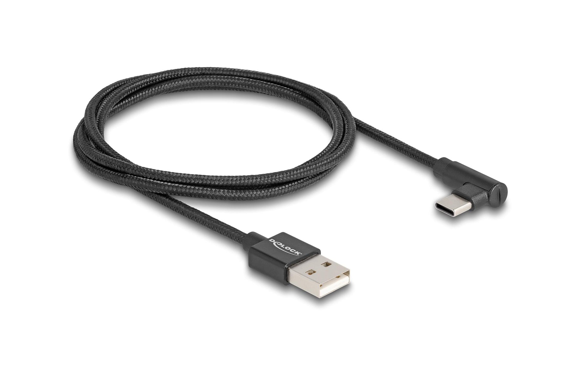 DeLOCK USB-A auf USB-C Kabel – USB 2.0 (480 Mbit/s) – 1 m – Textilmantel, Abgewinkelt – Schwarz