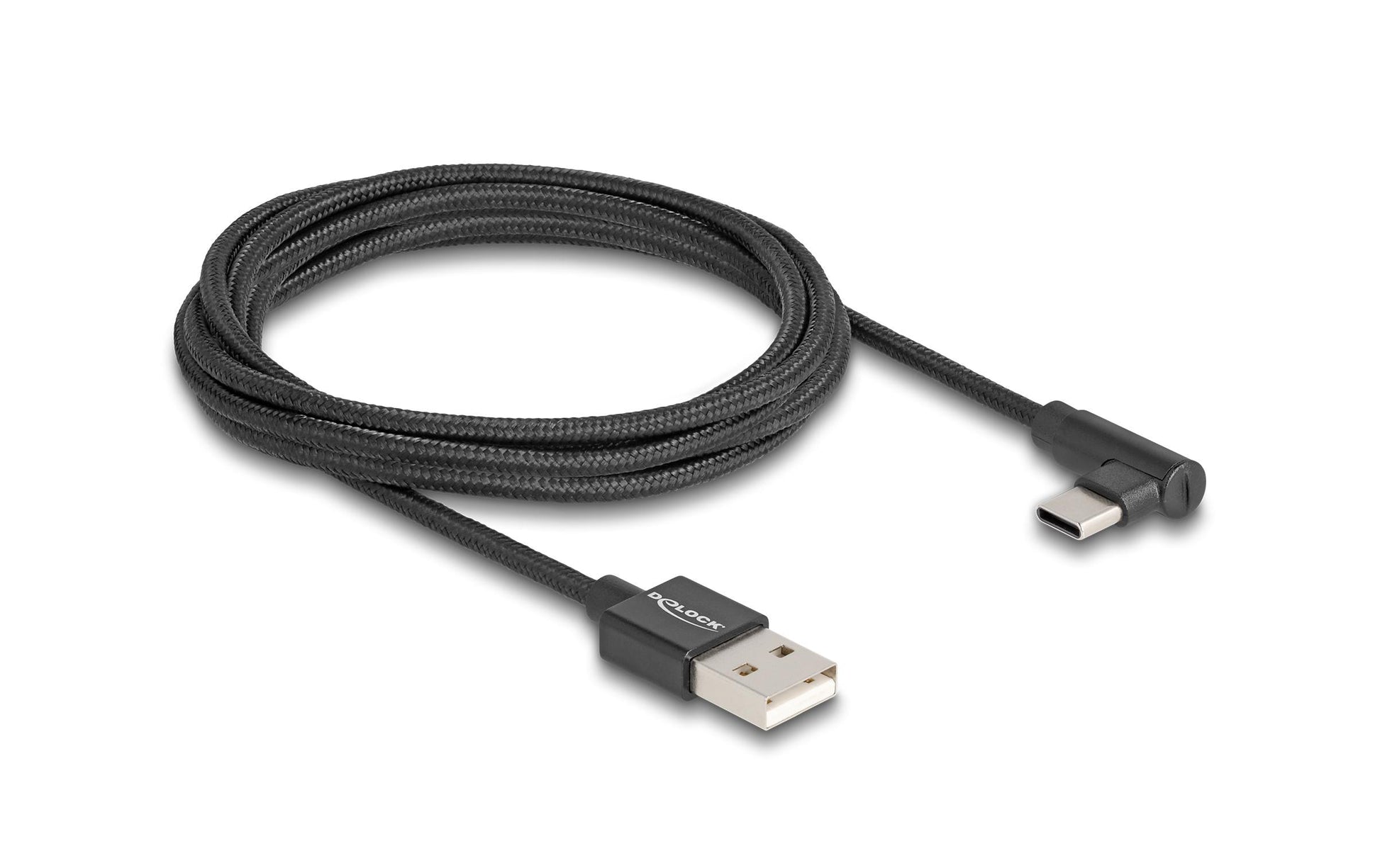 DeLOCK USB-A auf USB-C Kabel – USB 2.0 (480 Mbit/s) – 2 m – Textilmantel, Abgewinkelt – Schwarz