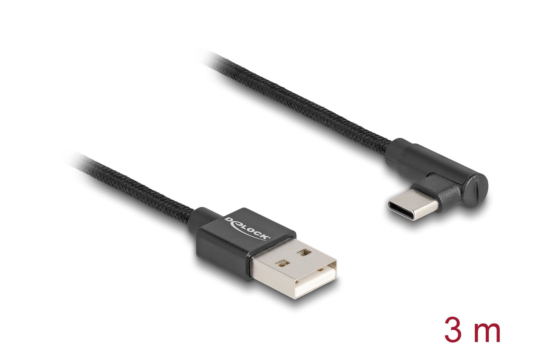DeLOCK USB-A auf USB-C Kabel – USB 2.0 (480 Mbit/s) – 3 m – Abgewinkelt, Textilmantel – Schwarz