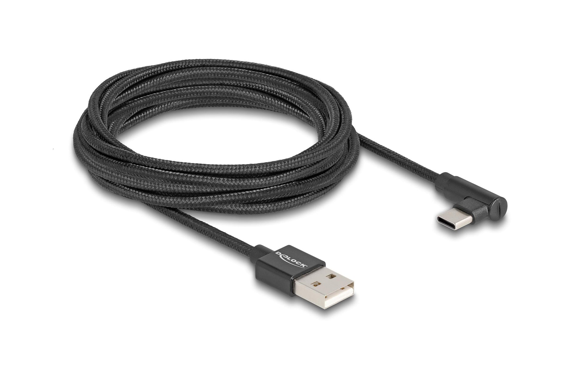 DeLOCK USB-A auf USB-C Kabel – USB 2.0 (480 Mbit/s) – 3 m – Abgewinkelt, Textilmantel – Schwarz