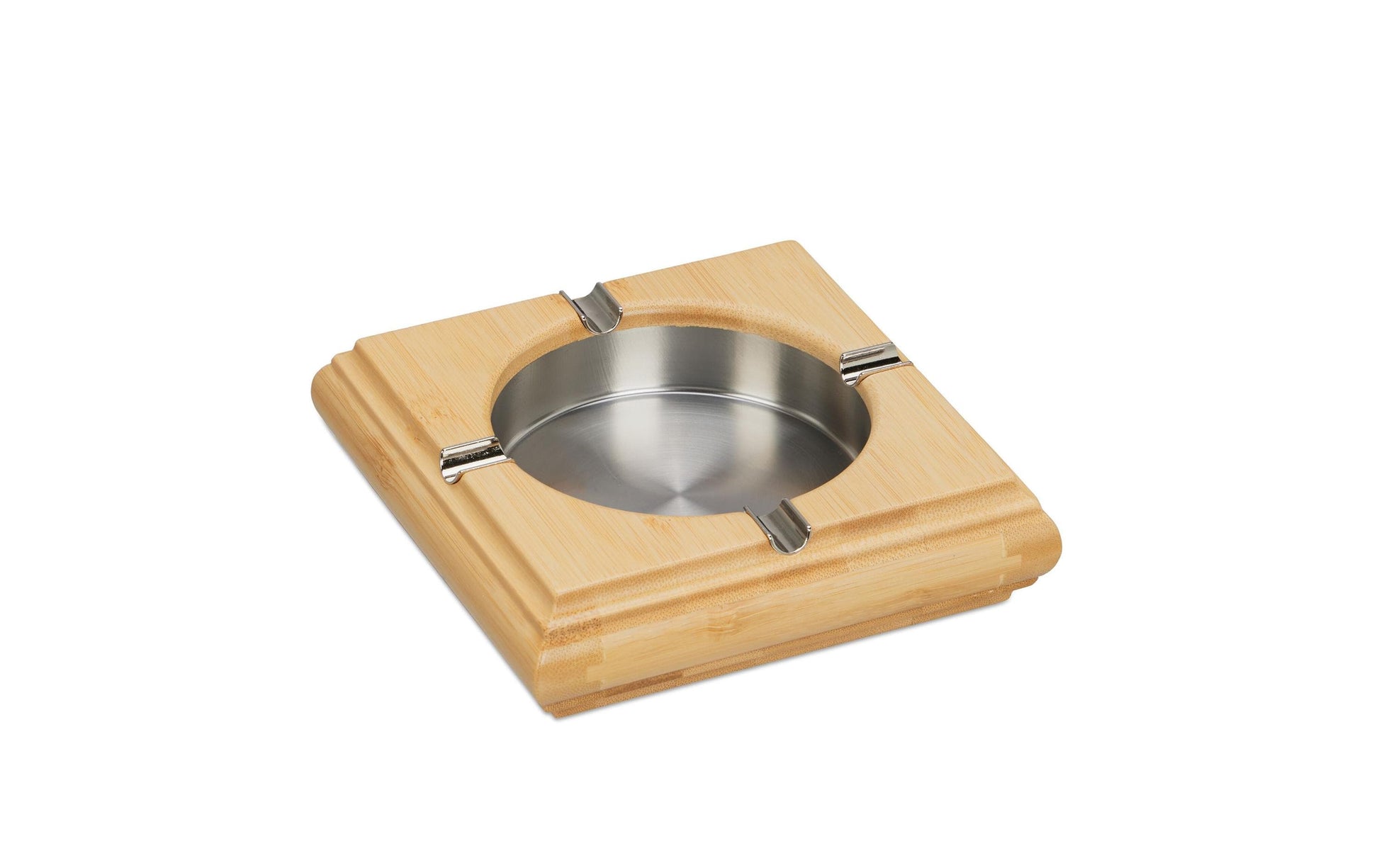 Relaxdays Aschenbecher – 15 × 15 × 4 cm, Bambus/Edelstahl, Braun/Silber