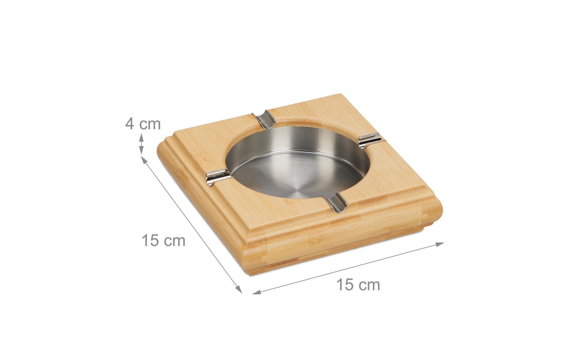 Relaxdays Aschenbecher – 15 × 15 × 4 cm, Bambus/Edelstahl, Braun/Silber