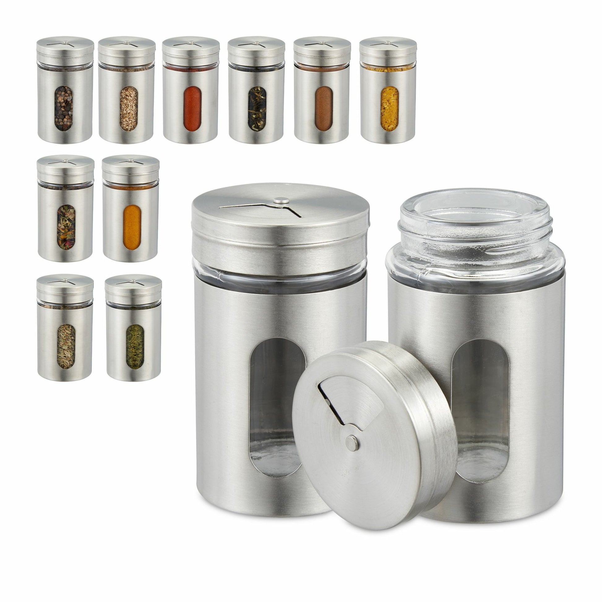 Relaxdays Streudose 80 ml, Glas/Kunststoff/Edelstahl, transparent/silber, 12 Stk.