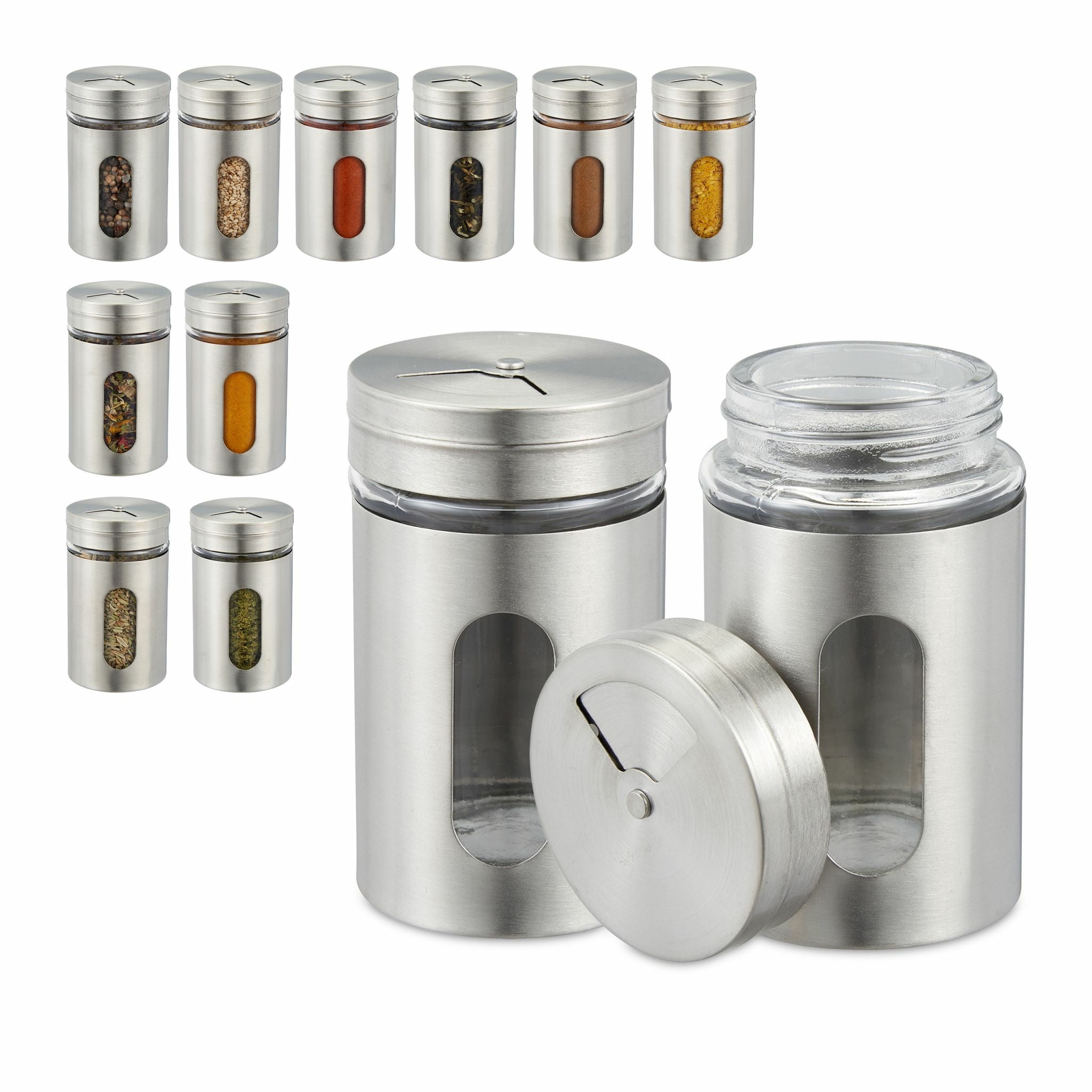 Relaxdays Streudose 80 ml, Glas/Kunststoff/Edelstahl, transparent/silber, 12 Stk.