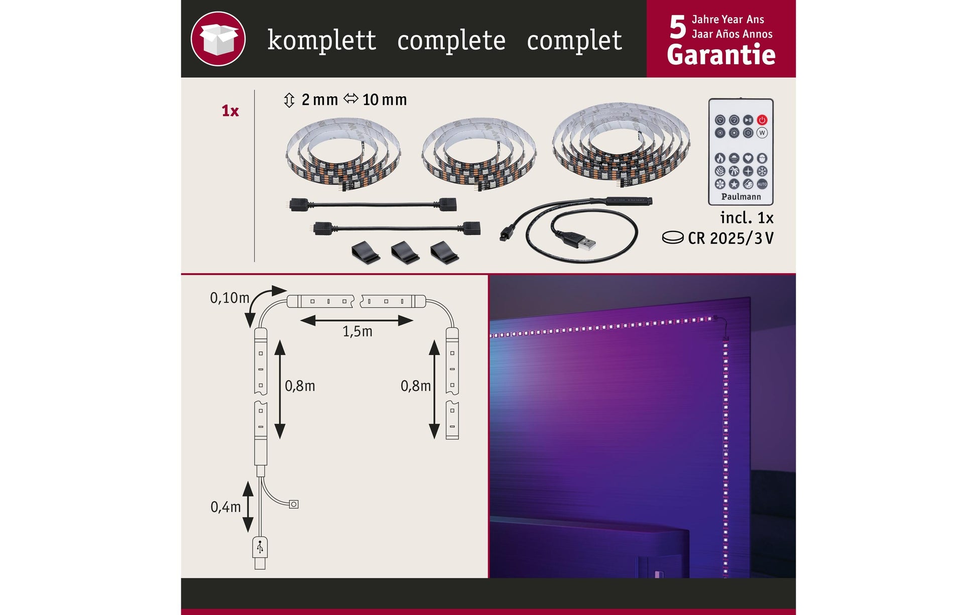Paulmann EntertainLED TV-Backlight-Set – RGB, USB-betrieben, dimmbar – für 75" TVs – Schwarz