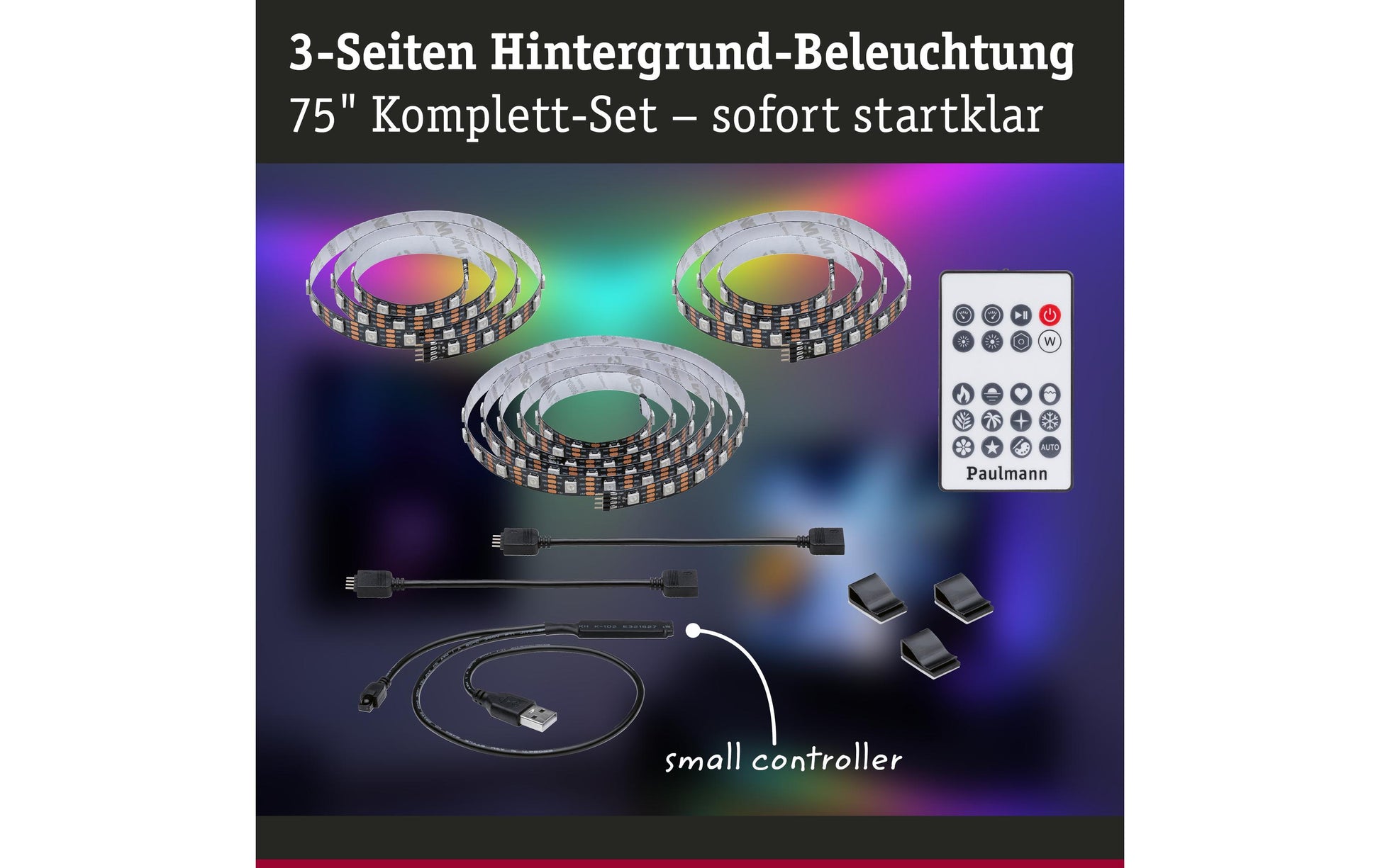 Paulmann EntertainLED TV-Backlight-Set – RGB, USB-betrieben, dimmbar – für 75" TVs – Schwarz