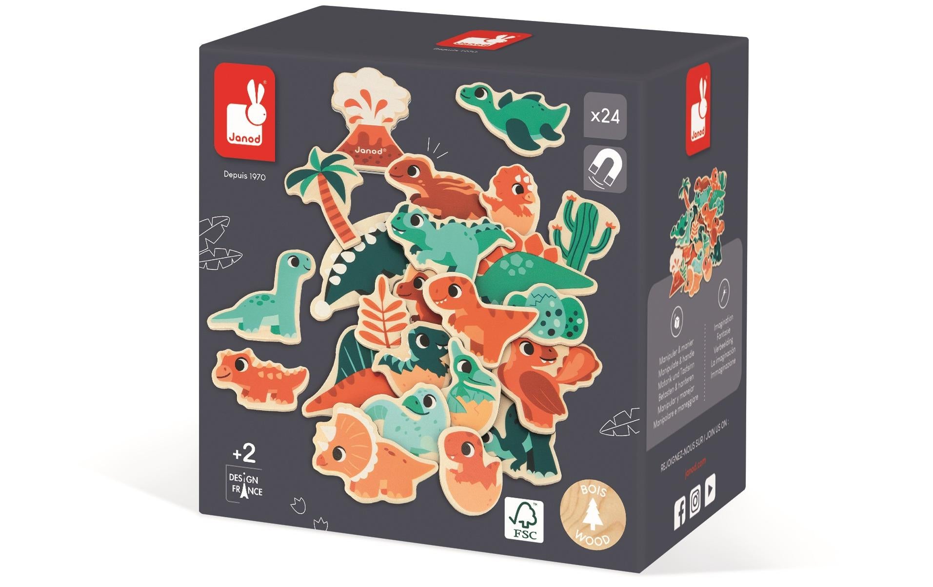 Janod Dino-Magnete – 14 × 14 × 8 cm – 24 Stück – ab 2 Jahren – FSC-Holz – mehrfarbig