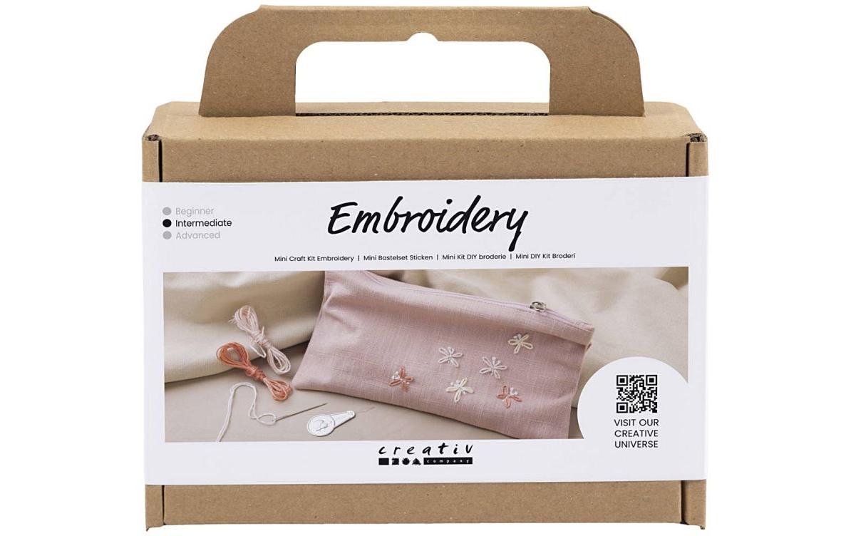 Creativ Company Mini Stick-Set für Kinder – ab 10 Jahren – Baumwolle, Rosa, mit Clutch, Stickgarn & Nadel