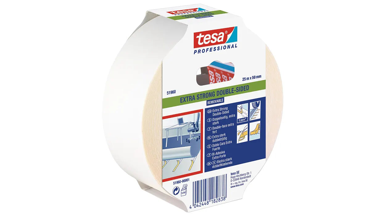 TESA Doppelseitiges Klebeband – 50 mm × 25 m, weiss, PP, permanent, 1 Stück