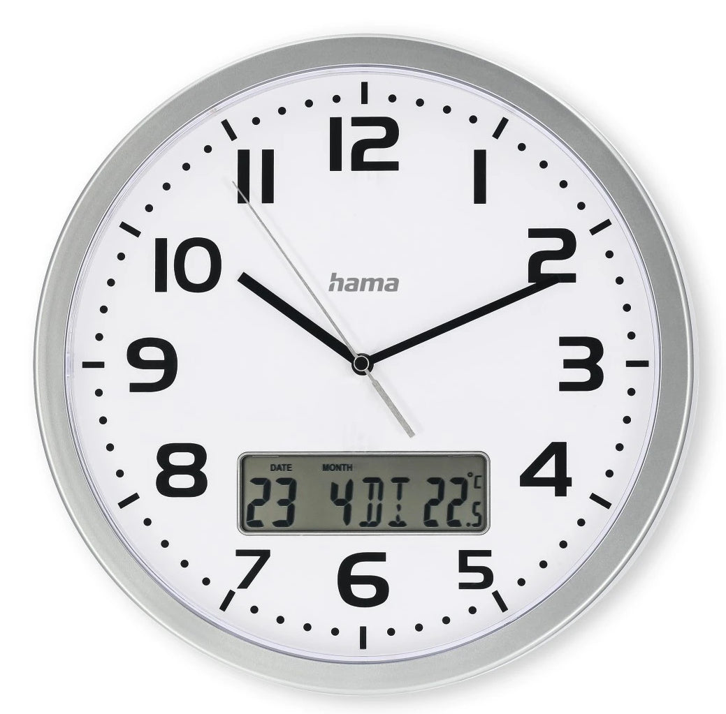 Hama Wanduhr Moorea – Funk – Ø 30 cm, Silber, Kunststoff, Thermometer, Datum