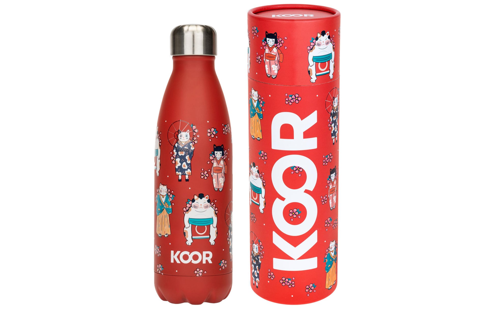 KOOR Isolierflasche 500 ml – Doppelwandig 12 h Heiss / 24 h Kalt, Edelstahl, Schraubdeckel, Japanese Cats