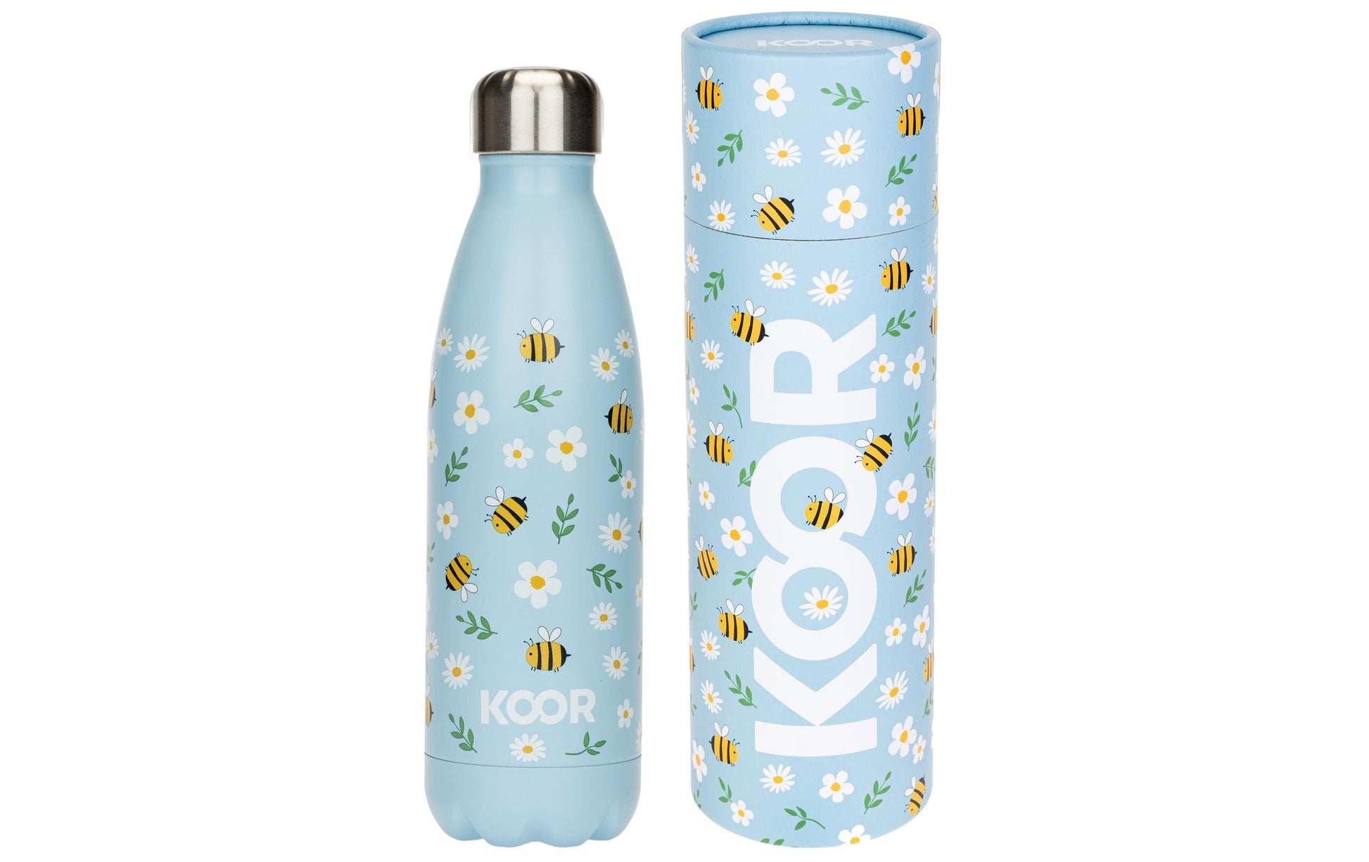 KOOR Isolierflasche 500 ml – Doppelwandig 12 h Heiss / 24 h Kalt, Edelstahl, Schraubdeckel, Bees and Flowers