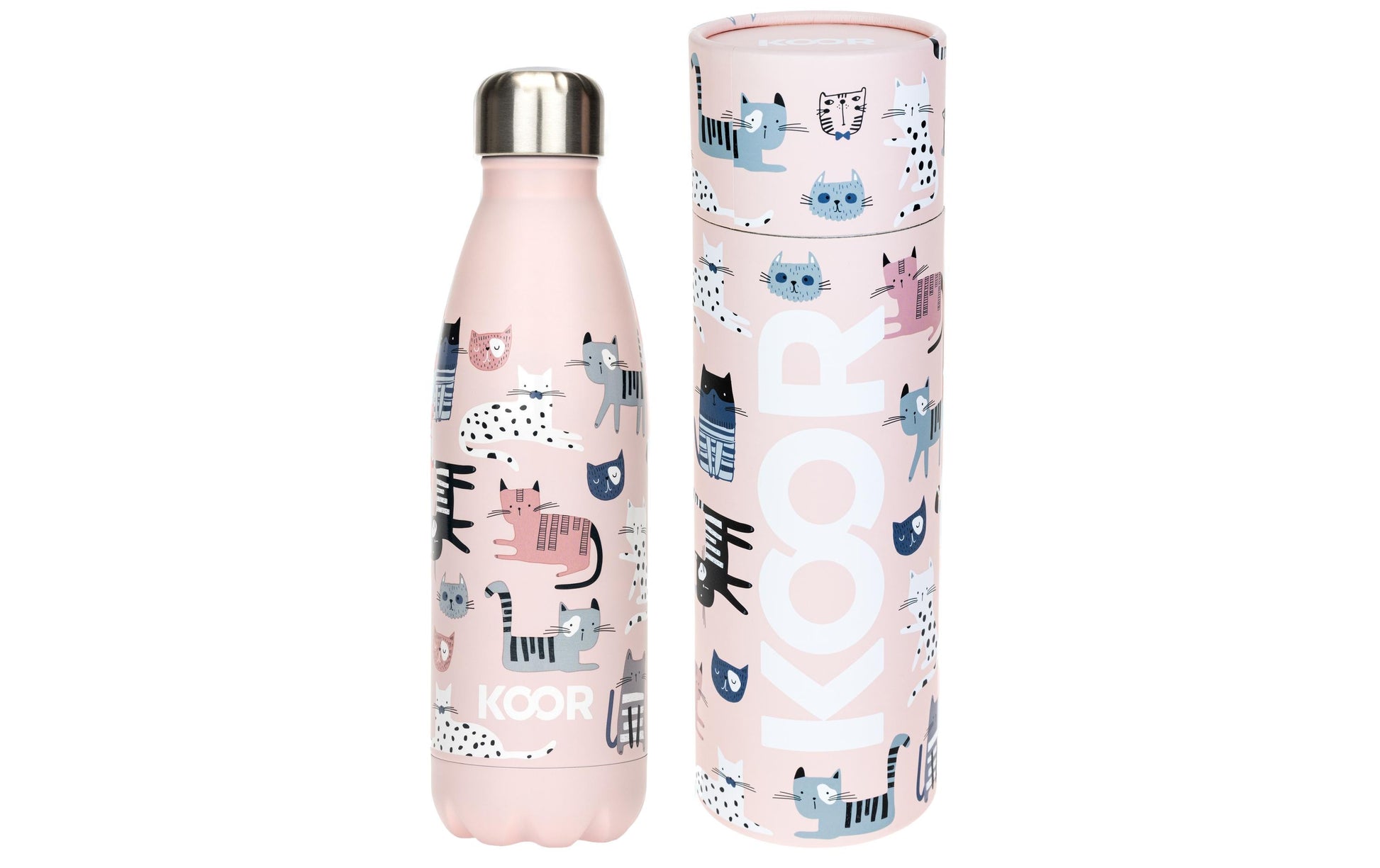 KOOR Sweet Cats Isolierflasche 500 ml – Doppelwandig 12 h Heiss / 24 h Kalt, Edelstahl, Schraubdeckel