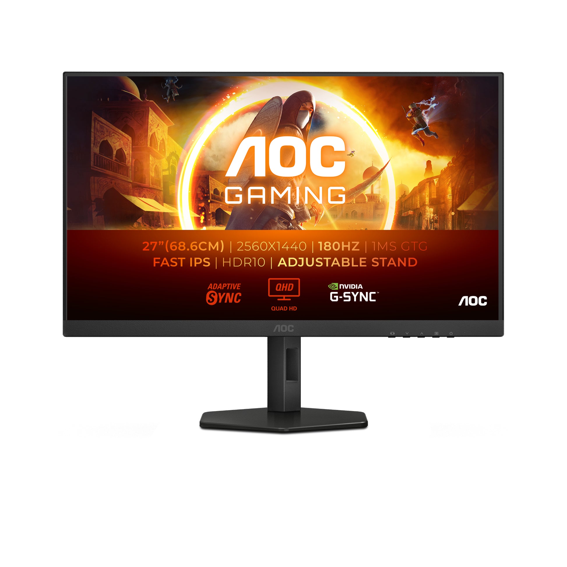 AOC Q27G4XF – Monitor, 27" WQHD (2560 × 1440), IPS, 180 Hz, 300 cd/m², Adaptive Sync, VESA 100 × 100, Schwarz