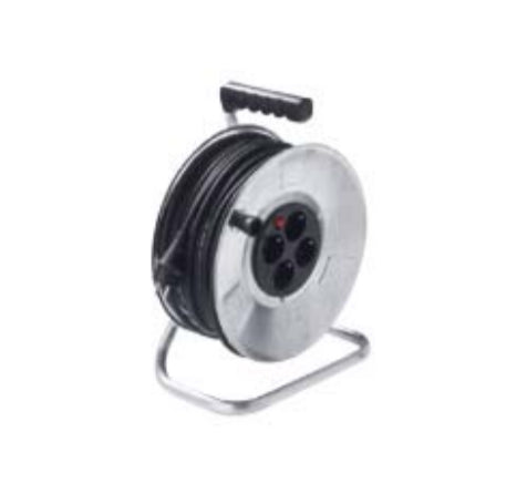 Bachmann Kabelrolle, 4×Steckdose, ohne Kabel, Thermoschutzschalter, Trommel mit Standfuss – Schwarz/Silber