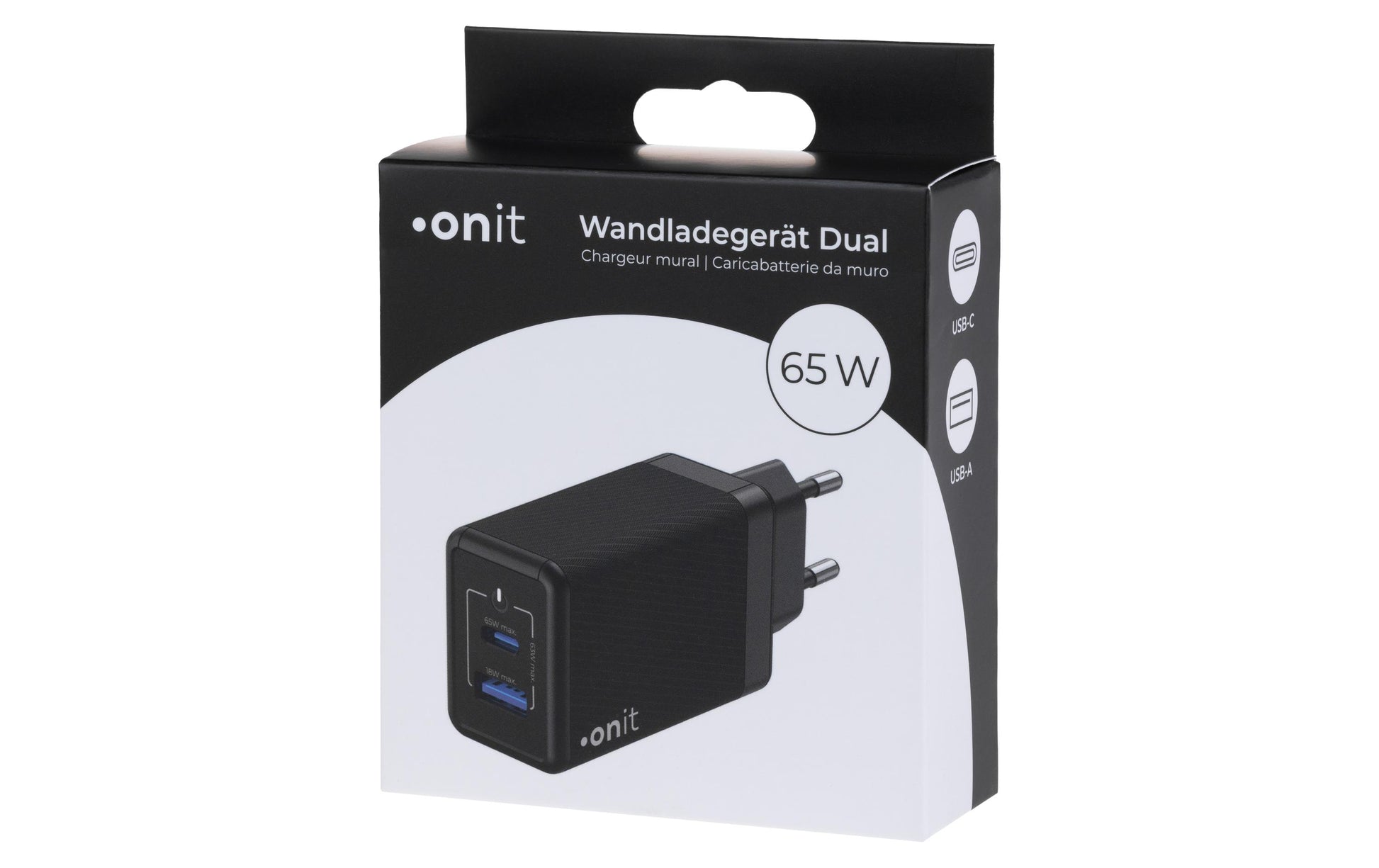ONIT F01432 USB-Wandladegerät 65 W – USB-C×1, USB-A×1 – PD 3.1, PPS, GaN – EU-Stecker (Typ C) – Schwarz
