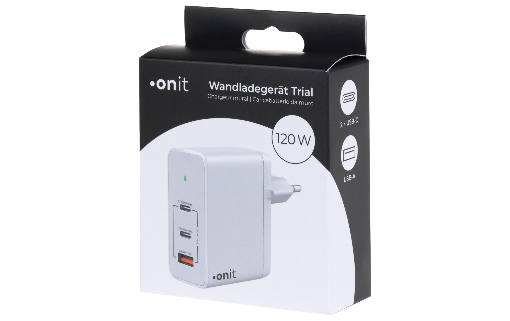ONIT GaN Ladegerät – 120 W, 2× USB-C + 1× USB-A