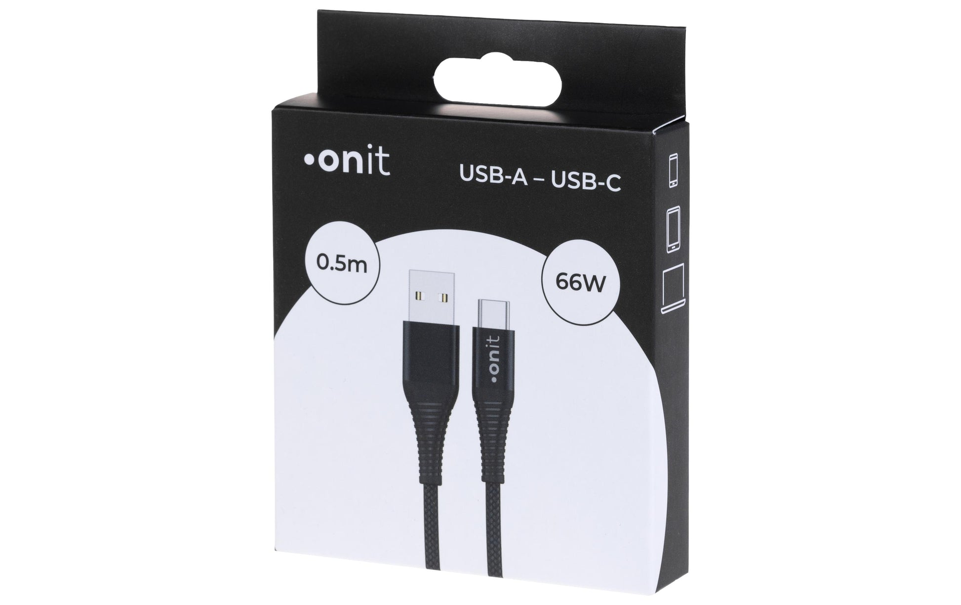 ONIT USB-Kabel – USB-A auf USB-C – USB 2.0 (480 Mbit/s) – 0,5 m – PD 66 W – Textilmantel – Schwarz