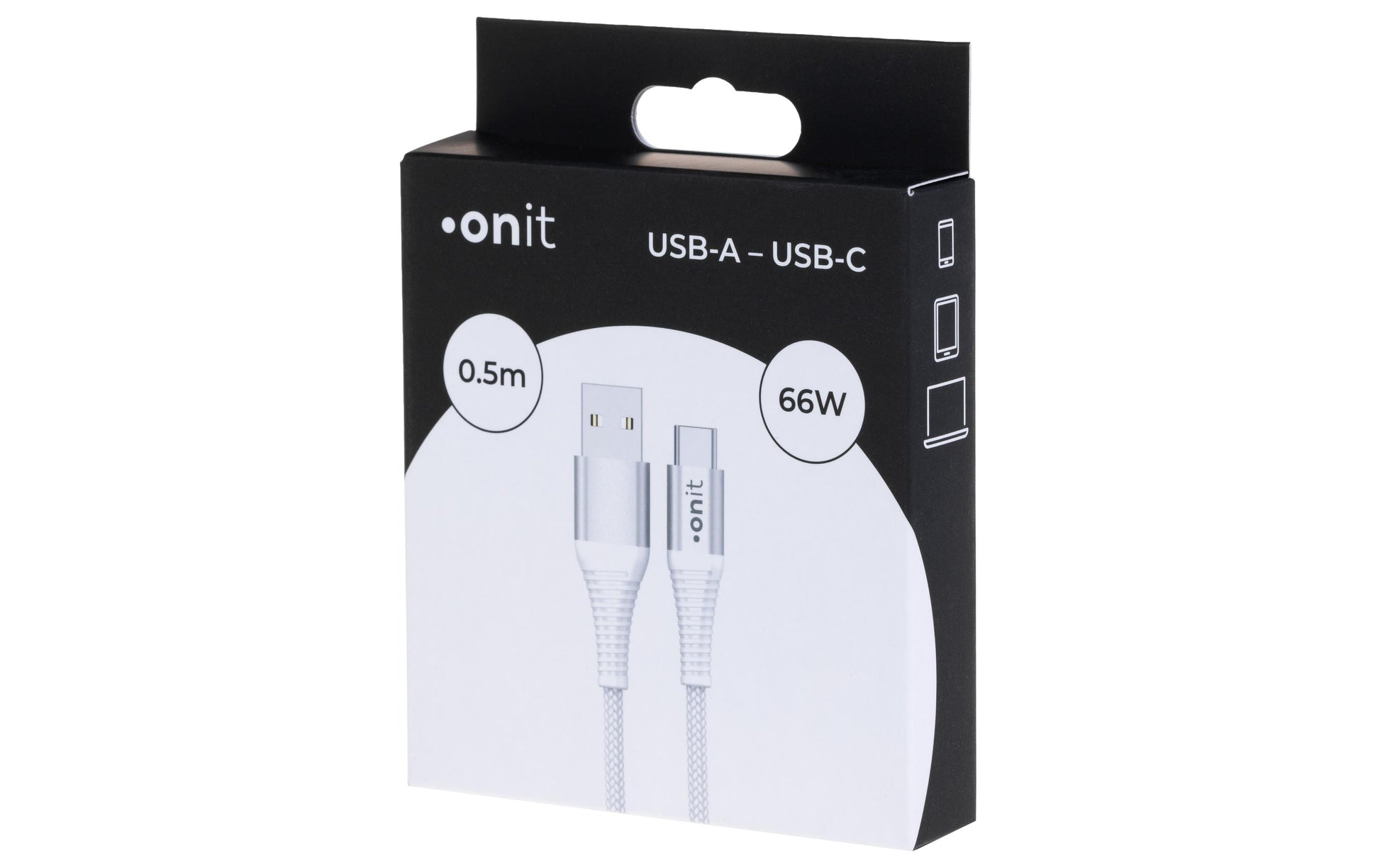 ONIT USB-A auf USB-C Kabel – USB 2.0 (480 Mbit/s) – 0,5 m – PD 66 W – Textilmantel – Weiss