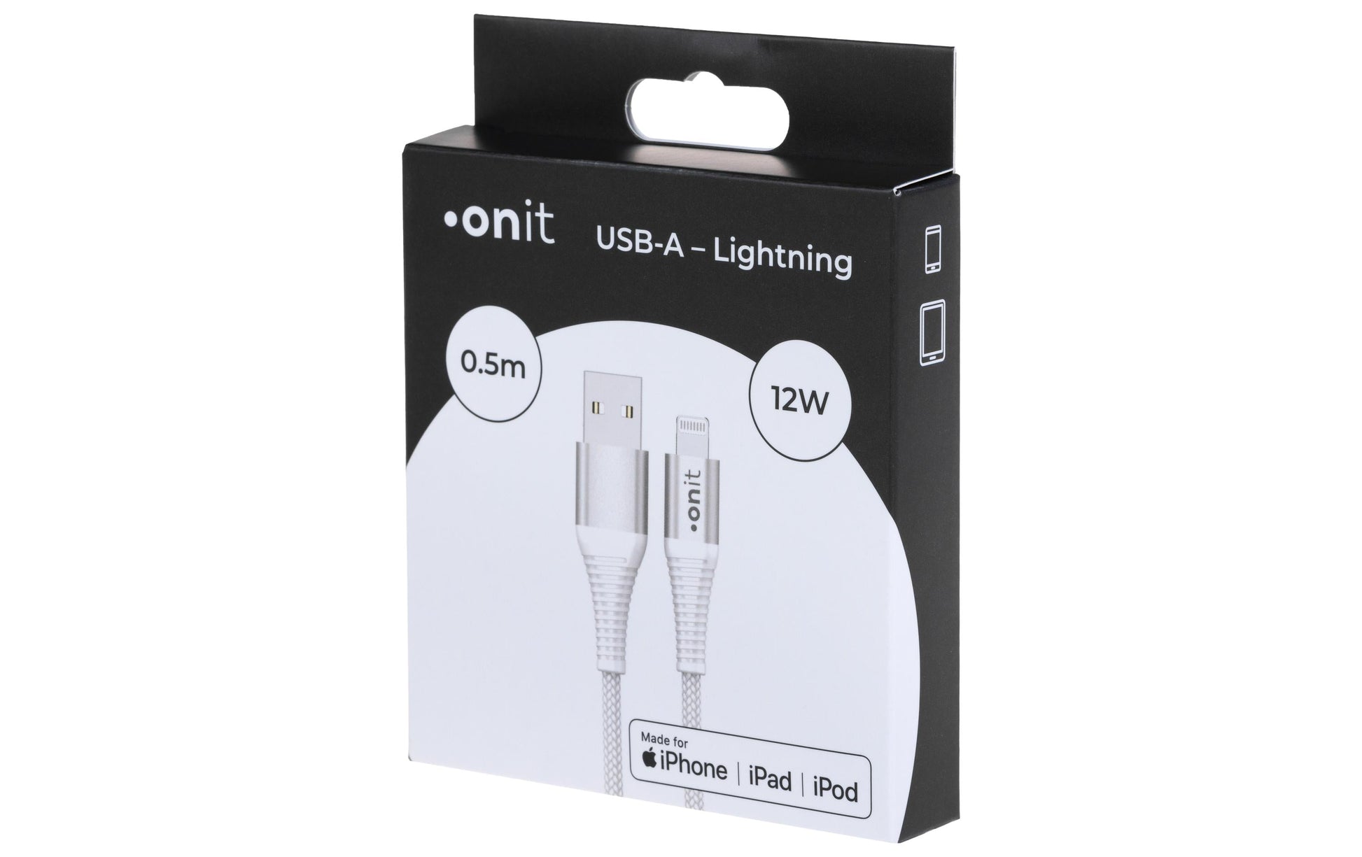 ONIT USB-A auf Lightning Kabel – USB 2.0 (480 Mbit/s) – 0,5 m – PD 12 W – MFI zertifiziert, Nylon – Weiss