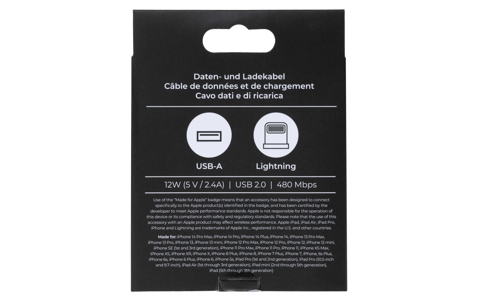 ONIT USB-A auf Lightning Kabel – USB 2.0 (480 Mbit/s) – 0,5 m – PD 12 W – MFI zertifiziert, Nylon – Weiss