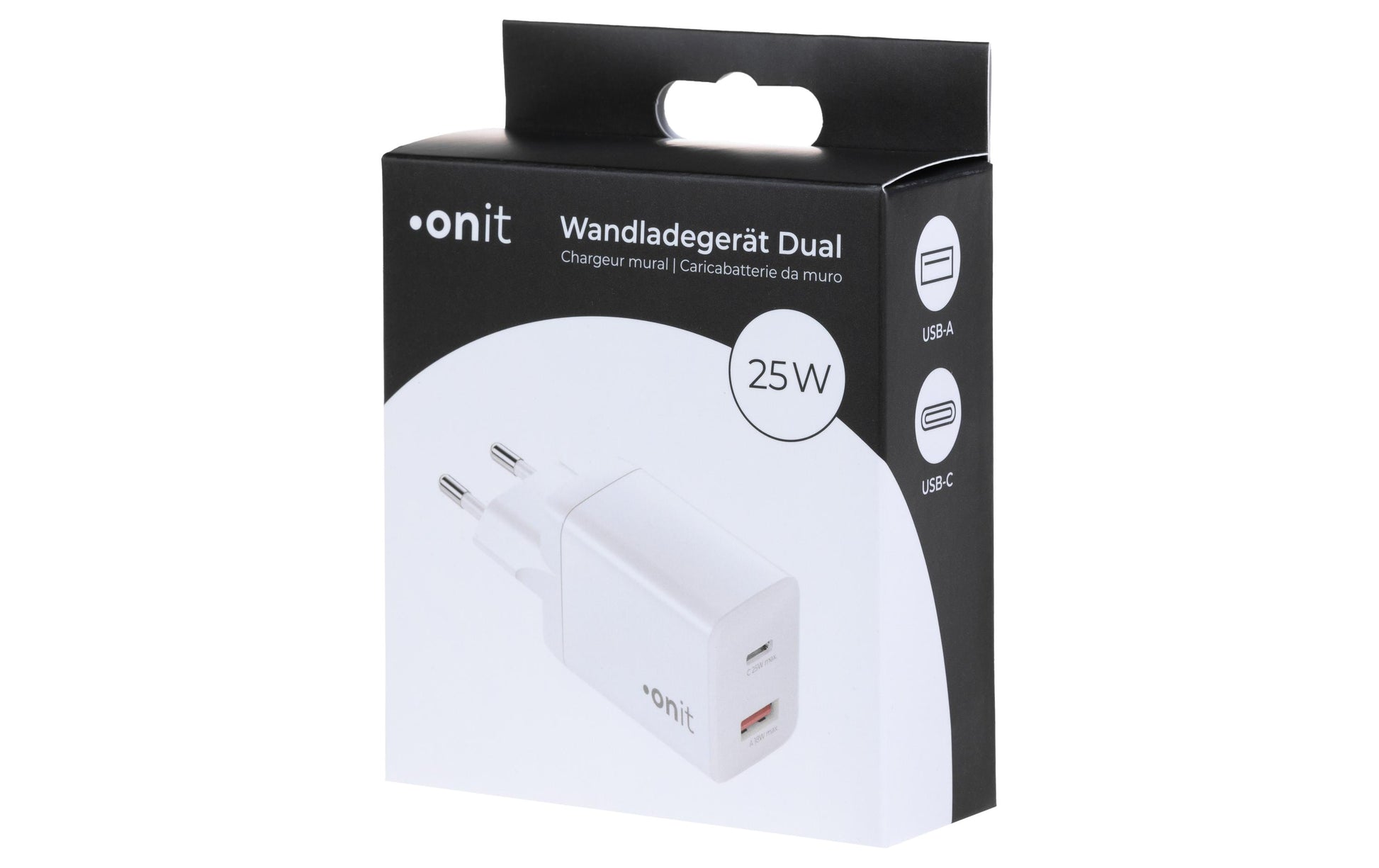 ONIT F01379 USB-Wandladegerät 25 W (USB-C) + 18 W (USB-A) – USB-C×1, USB-A×1 – PD, QC – Weiss