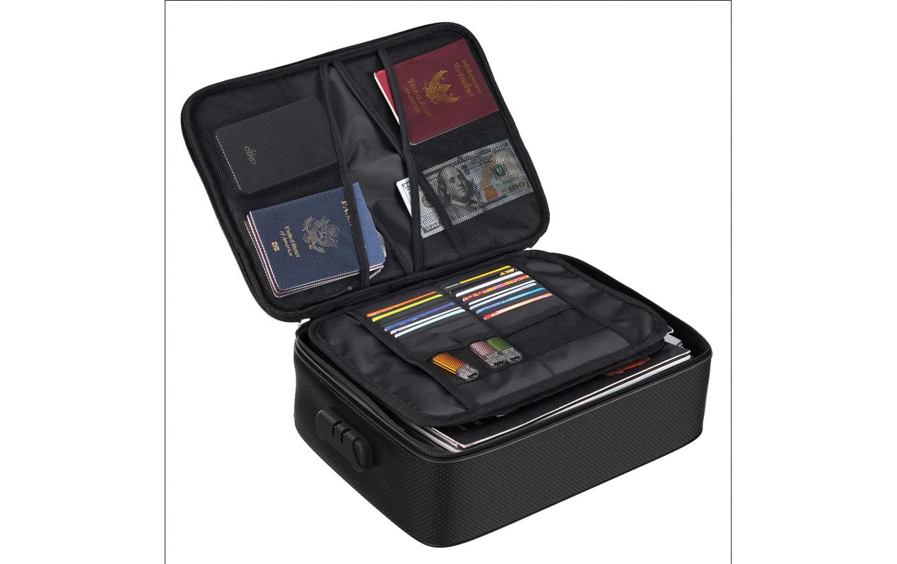KH Security Reise-Organizer – feuerfest, Zahlenschloss, Glasfaser/Silikon, schwarz, 360 × 100 × 270 mm