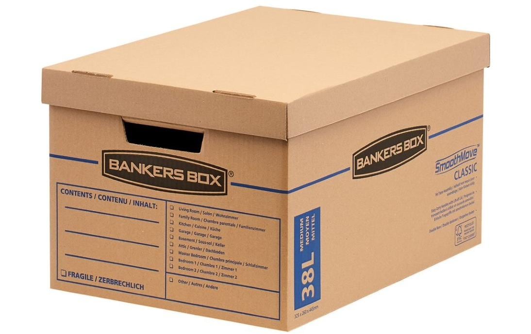 Fellowes Versandkarton SmoothMove – 445 × 325 × 260 mm, 38 l, Deckel, Griffe, verstärkter Boden – 10 Stk.