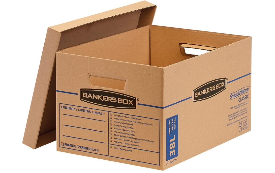 Fellowes Versandkarton SmoothMove – 445 × 325 × 260 mm, 38 l, Deckel, Griffe, verstärkter Boden – 10 Stk.