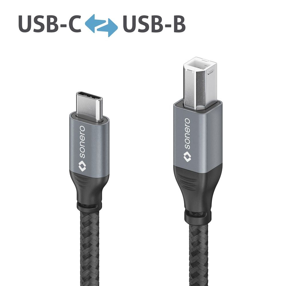 Sonero – USB-C auf USB-B Kabel – USB 2.0 (480 Mbit/s) – 3 m – Geflochten – Schwarz/Grau