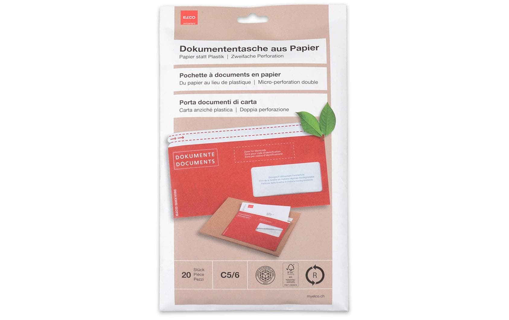 Elco Dokumententasche – C6/5 (229 × 114 mm), Fenster rechts, bedruckt, rot, Papier, selbstklebend – 20 Stück