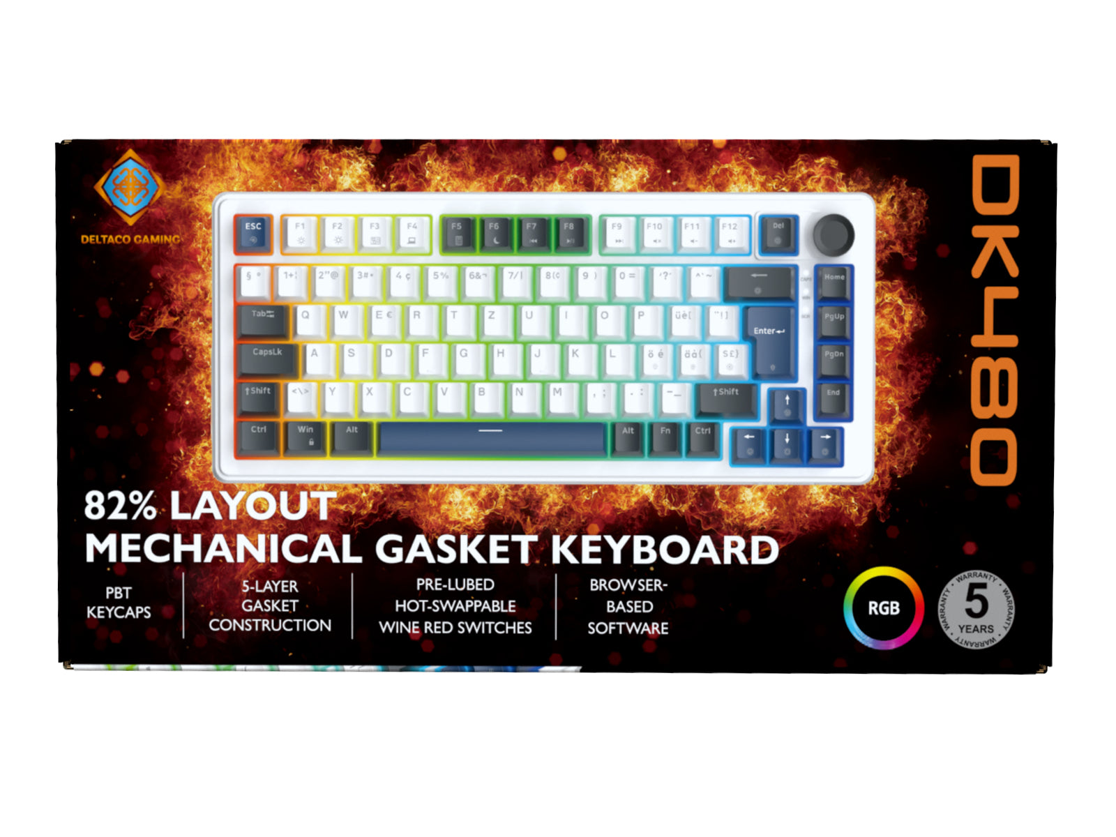 Deltaco Gaming DK480 – Gaming-Tastatur 75% – Mechanisch, RGB – USB-C kabelgebunden – QWERTZ (CH) – Weiss