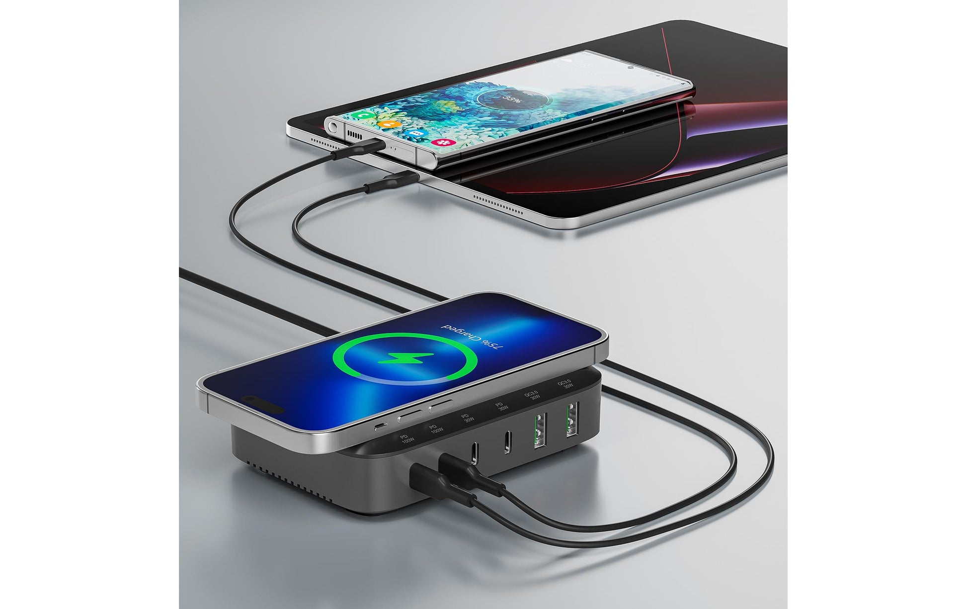 4smarts 7in1 Ladestation – 2× USB-C 30 W, 6× USB-Ausgänge, Qi, GaN – für Qi-kompatible Geräte
