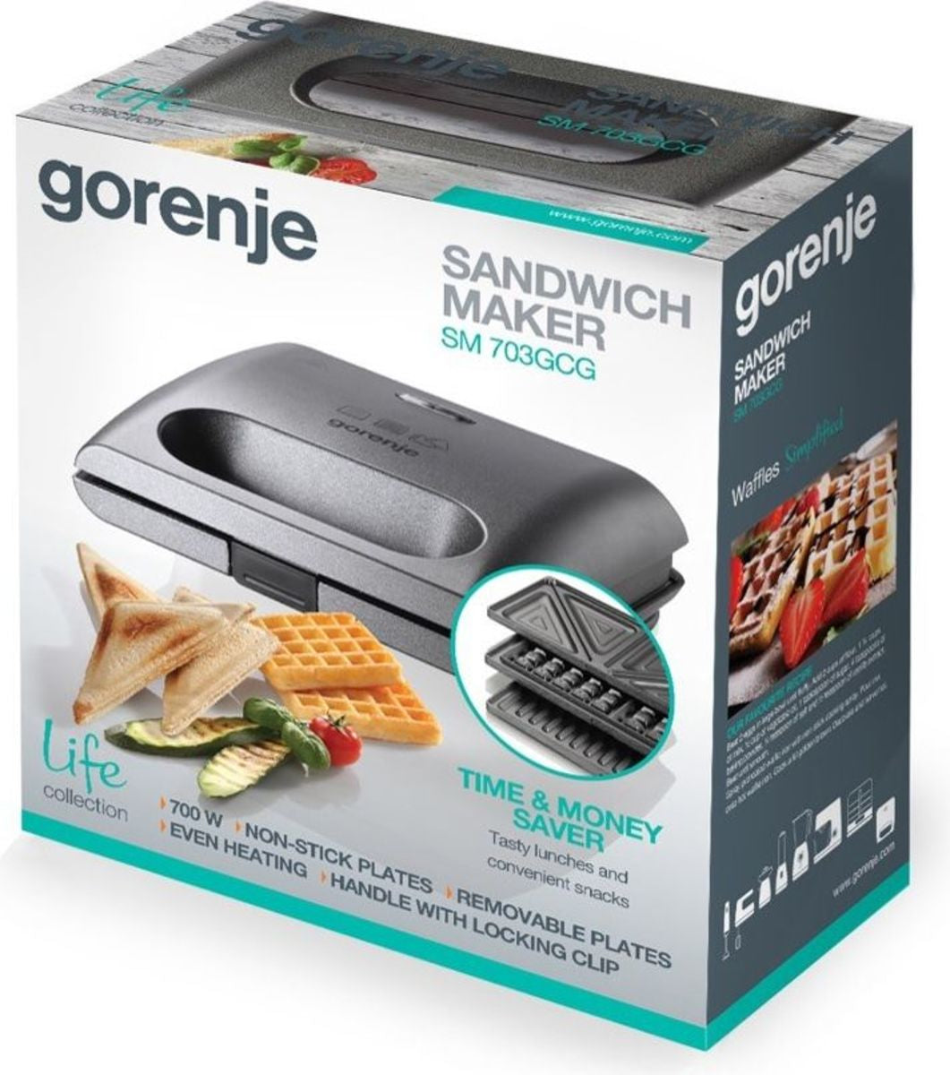Gorenje Sandwichmaker SM703GCG – 700 W, Abnehmbare Platten & Antihaftbeschichtung – Silber