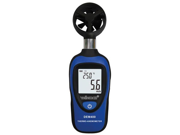 Velleman DEM400 – Windmesser – 0,3–45 m/s, −30–60 °C, LCD, 9 V Batterie, Blau
