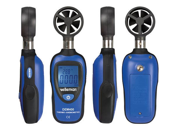 Velleman DEM400 – Windmesser – 0,3–45 m/s, −30–60 °C, LCD, 9 V Batterie, Blau
