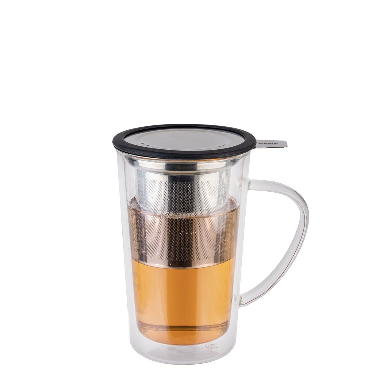 GEFU Tee-Glas MIRA – 235 ml, H 14,5 cm, Borosilikatglas, Schwarz/Transparent, mit Glasfilter, doppelwandig