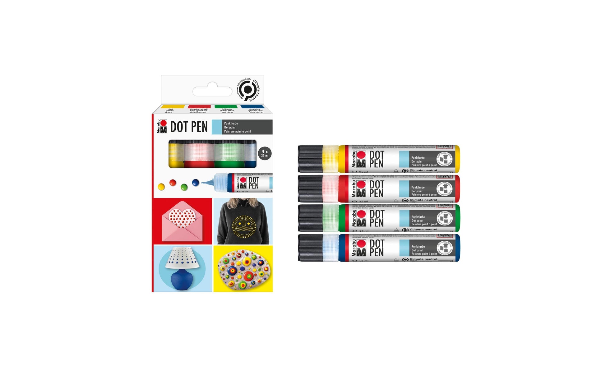Marabu Dot Pen – 4 Farben (4×25 ml, 100 ml) – 3D-Effekt, deckend – für Glas, Stoff, Papier