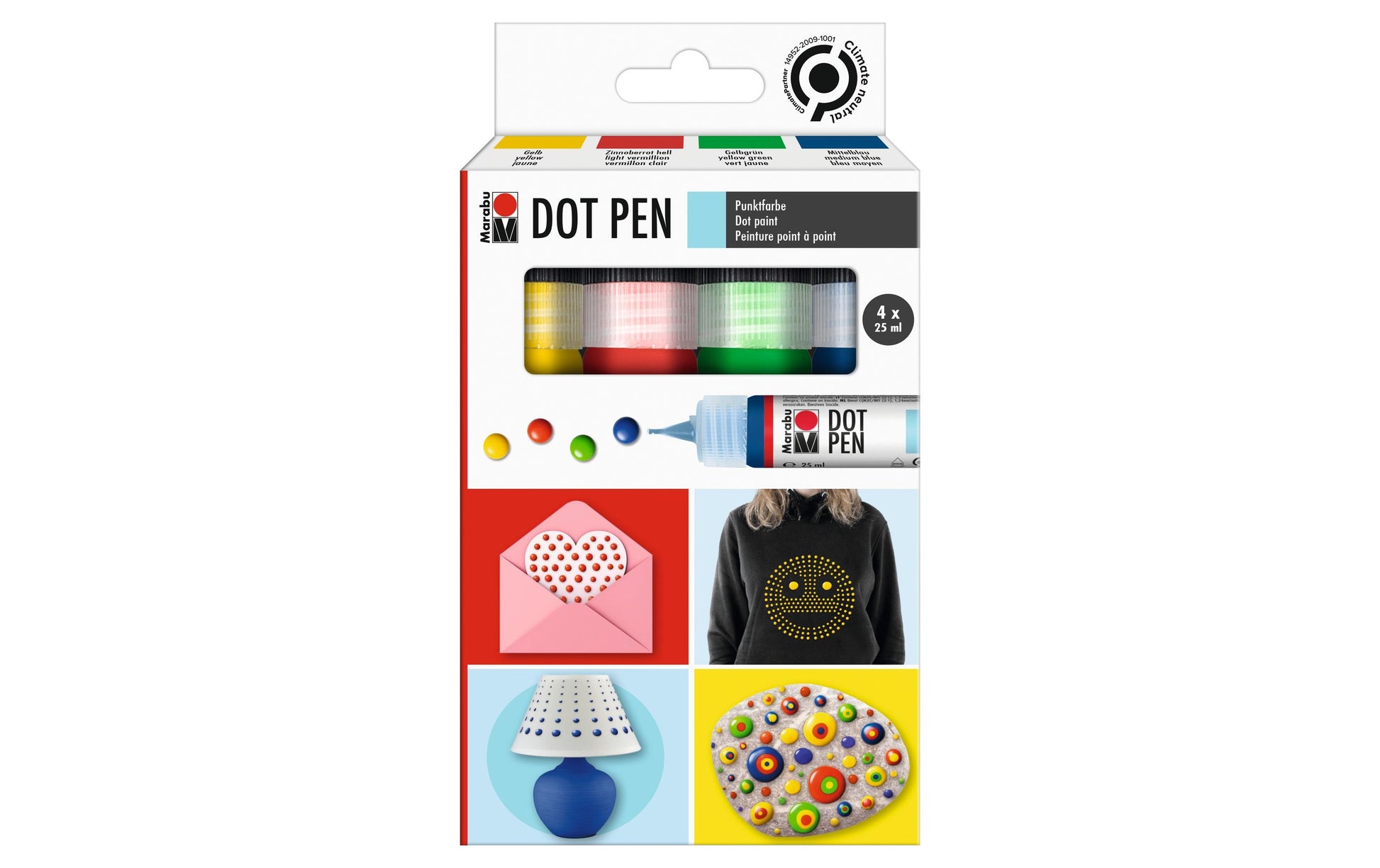 Marabu Dot Pen – 4 Farben (4×25 ml, 100 ml) – 3D-Effekt, deckend – für Glas, Stoff, Papier