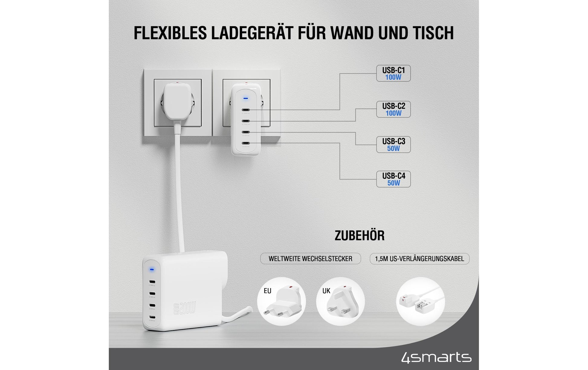 4smarts Charger Flex Pro USB-Desktop-Ladegerät 200 W – USB-C×4 – PD 3.0, GaN – Weiss