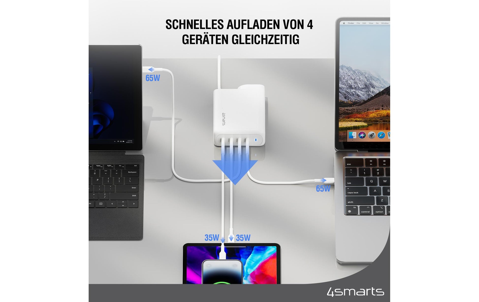 4smarts Charger Flex Pro USB-Desktop-Ladegerät 200 W – USB-C×4 – PD 3.0, GaN – Weiss