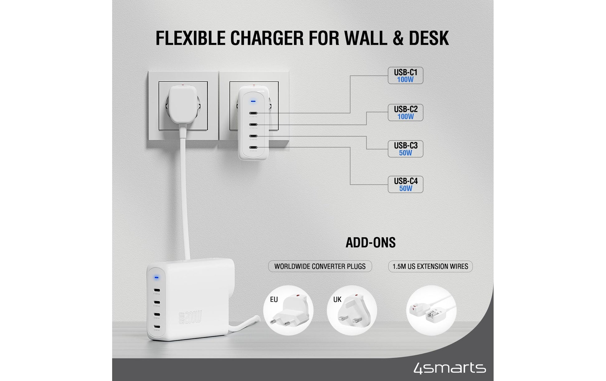 4smarts Charger Flex Pro USB-Desktop-Ladegerät 200 W – USB-C×4 – PD 3.0, GaN – Weiss